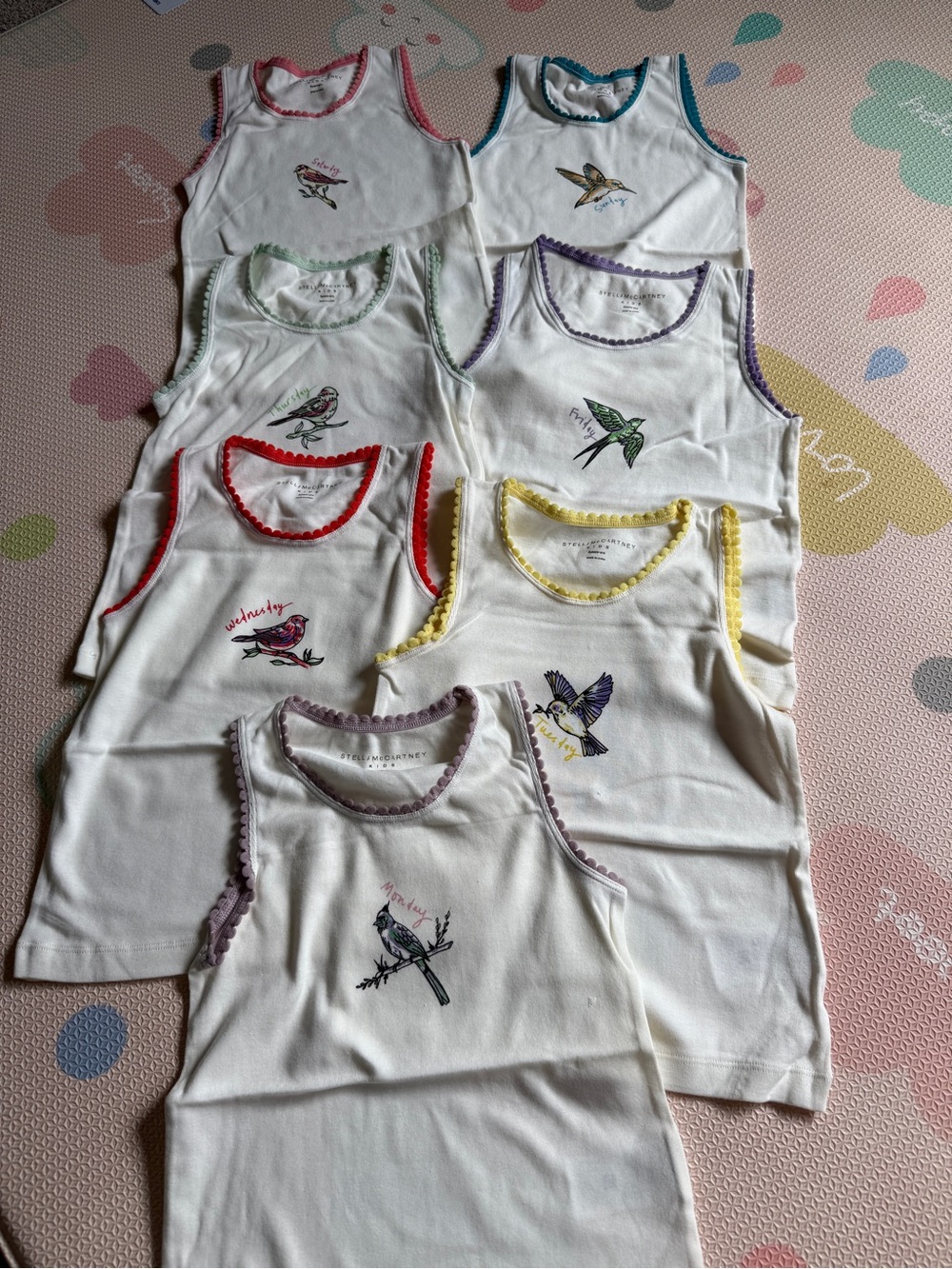 Stella McCartney White Girls' Tank Tops with Multicolor Trim and Bird Motifs
